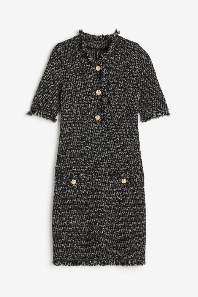 Fringe-trimmed Textured-knit Dress