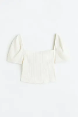 Puff-sleeved Ribbed Top