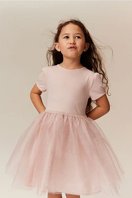 Tulle-skirt Dress with Puff Sleeves