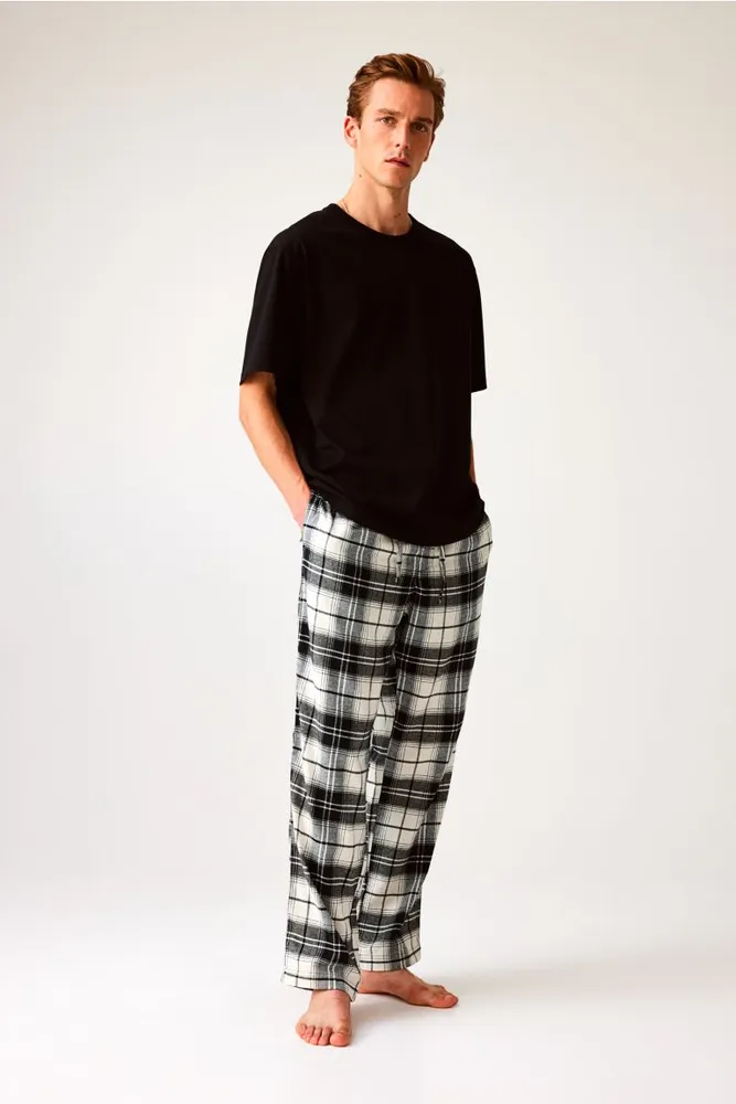 Pocket Top & Tartan Drawstring Pants Pajama Set