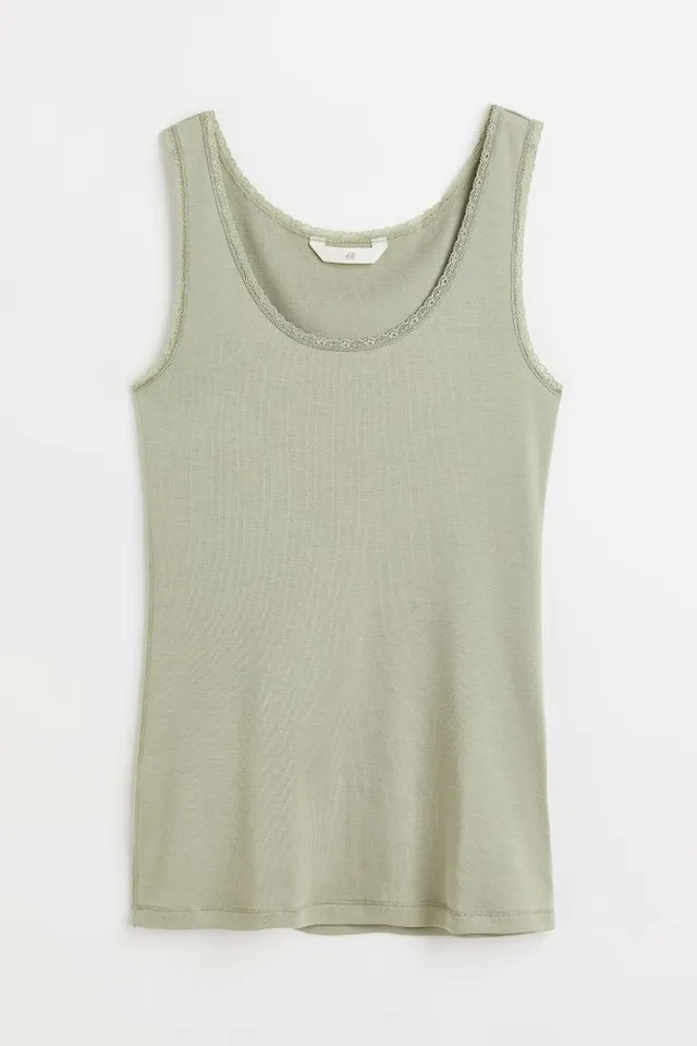 Lace-trimmed Ribbed Tank Top - Cream/floral - Ladies