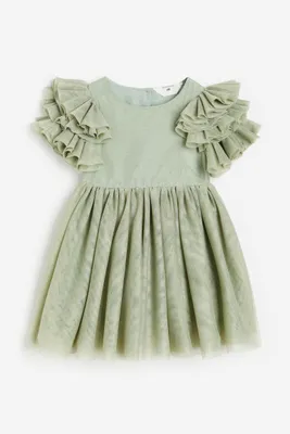 Flutter-sleeved Tulle Dress