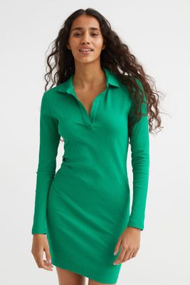 Collared ribbed bodycon dress