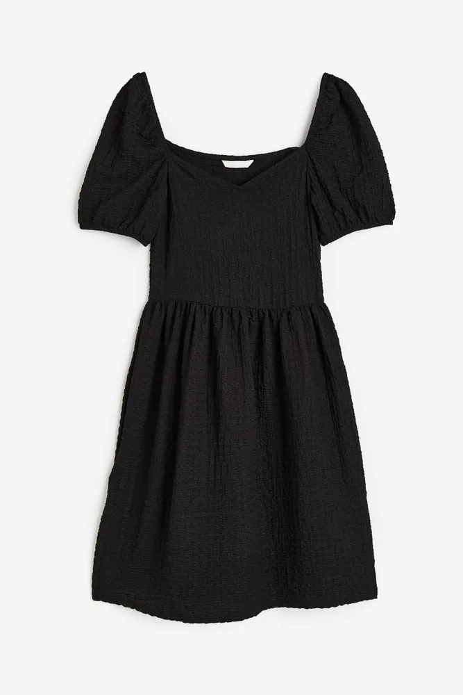 Puff-sleeved Textured Jersey Dress