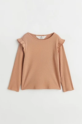 Ruffle-trimmed Ribbed Top