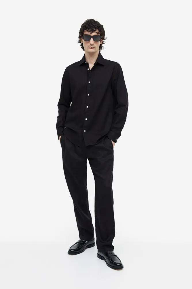 Regular Fit Linen-blend Pants - Black - Men