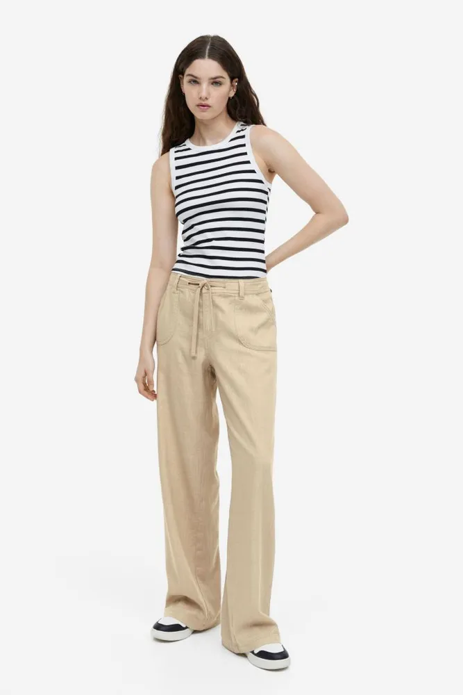 Linen-blend Pants - Beige - Ladies