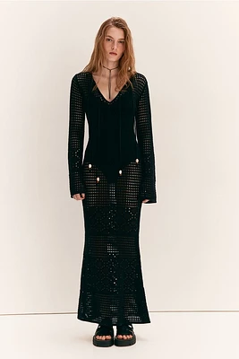 Hole-knit Dress with Beaded Ties