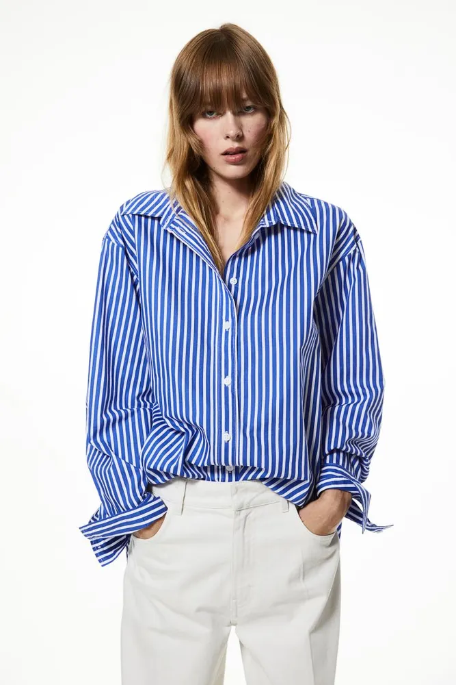 Buy H&M Women Blue & White Regular Fit Striped Cotton Casual Shirt - Shirts  for Women 11774274