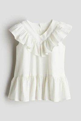 Flounce-trimmed Linen-blend Dress