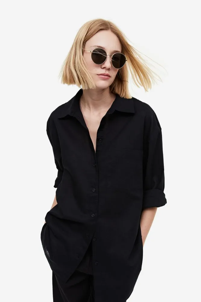 Linen-blend Tunic Dress - Black - Ladies