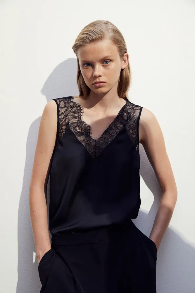 a&m Lace-trimmed Camisole Top - Black - Ladies, H&M US