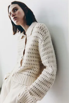 Hole-knit Cardigan with Collar