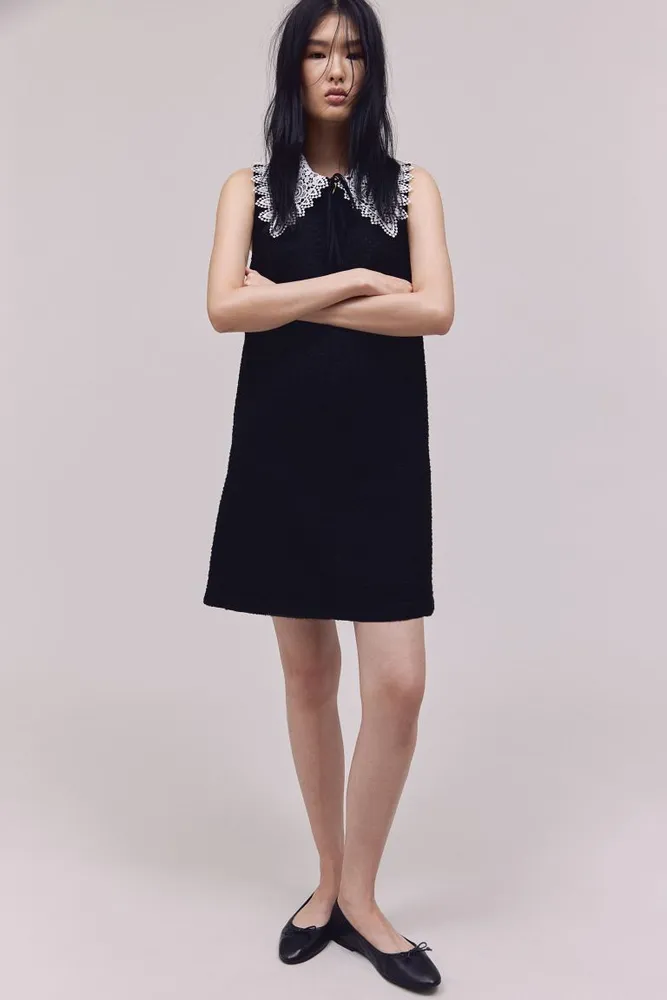 Bouclé Dress with Lace Collar