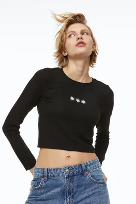 Embroidered Ribbed Top