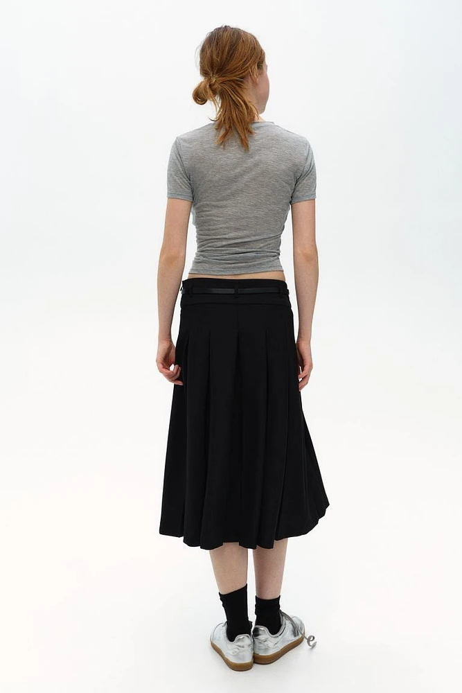 Belt-Detail Pleated Midi Skirt