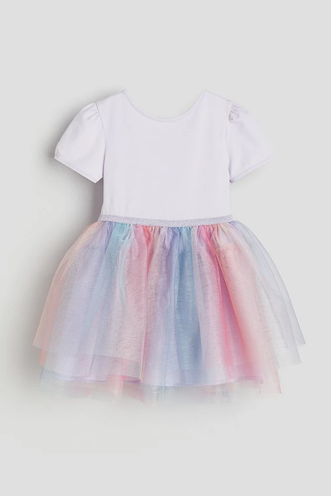 Tulle-skirt Dress with Puff Sleeves