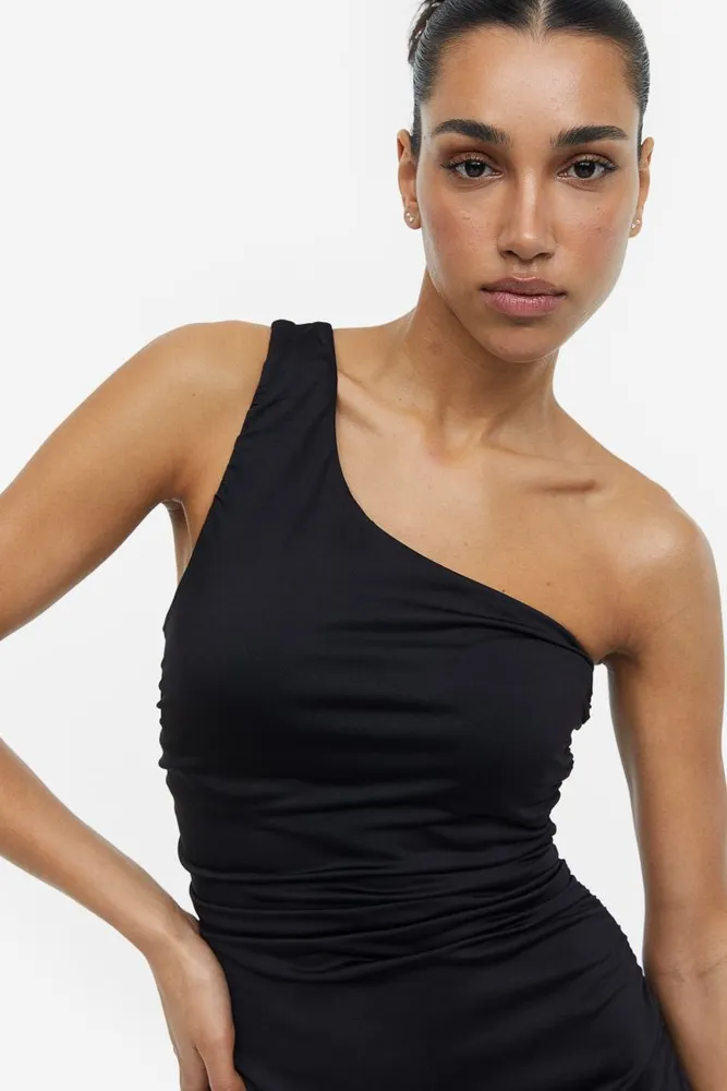 Curvy Fit Gathered One-shoulder Dress - Black - Ladies