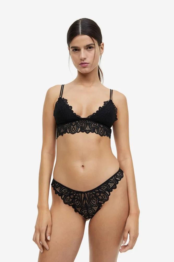 Mesh and Scalloped Lace Bralette - Black