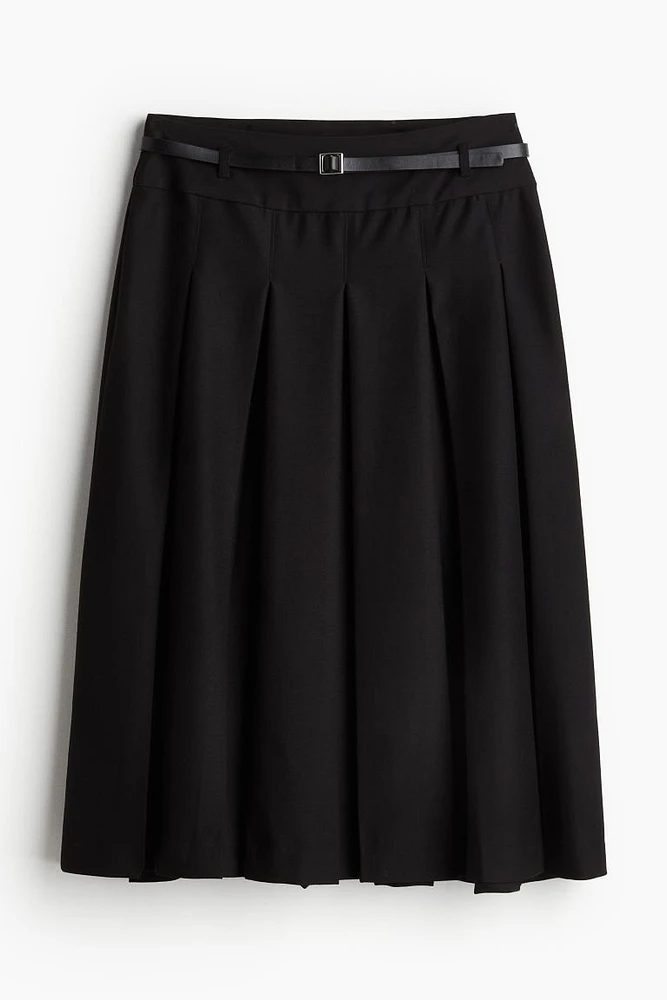 Belt-Detail Pleated Midi Skirt