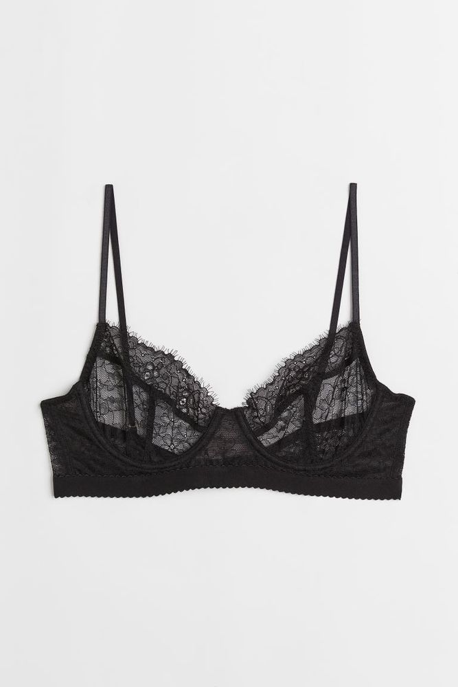 H & M WOMENS BLACK LACE THICK PADDED BRA UNDERWIRE 34B