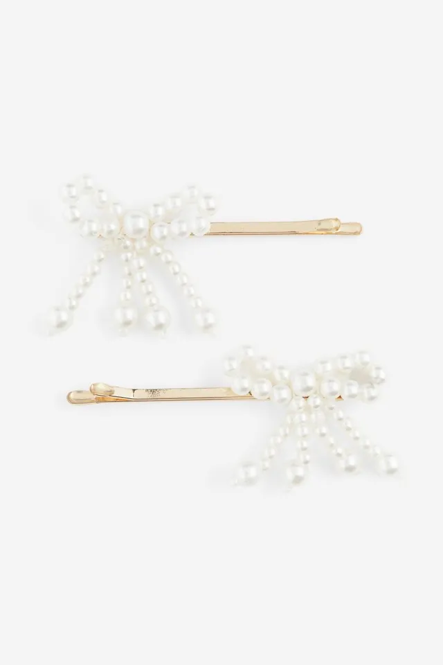 Silver-tone Pearl Rhinestone Bow Hair Pins - 2 Pack