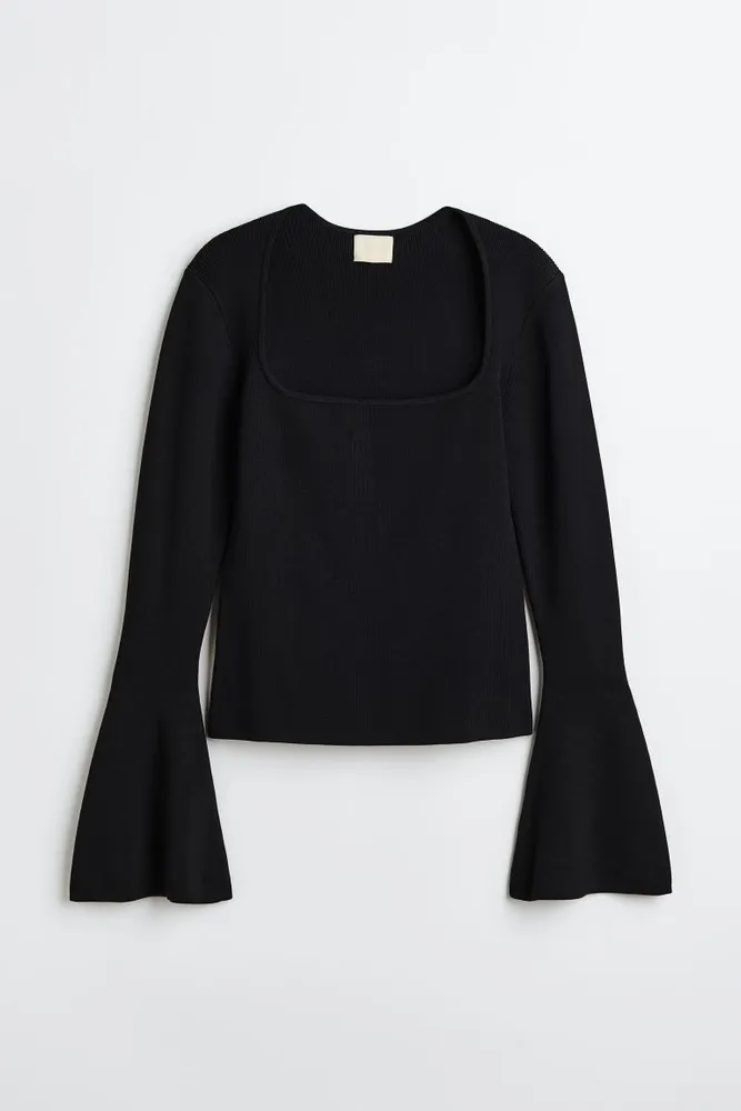 Loft Petite Ribbed Button Neck Flare Sleeve Sweater