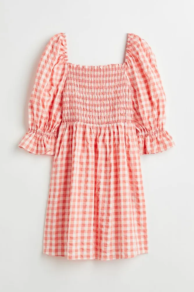 Square-Neck Puff-Sleeve Dress in Gingham Seersucker