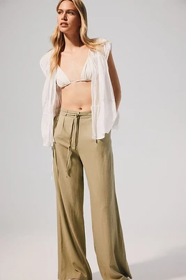 Linen-blend Tie-belt Pants