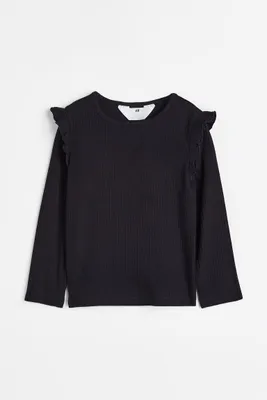 Ruffle-trimmed Ribbed Top