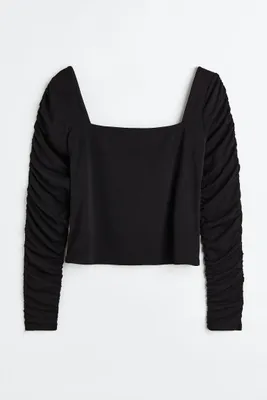 H&M+ Gathered-sleeve Jersey Top