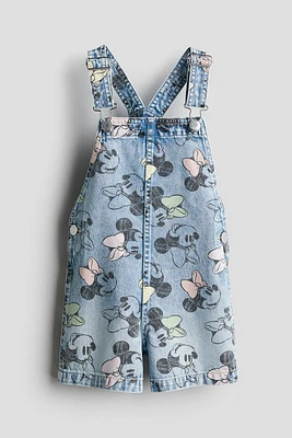 Printed Denim Overall Shorts