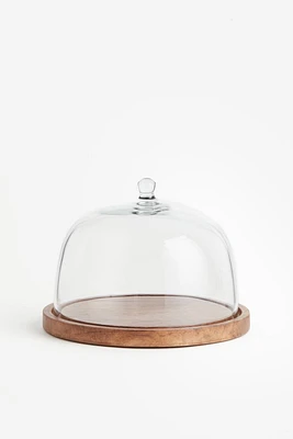 Domo de vidrio pequeño con bandeja de madera