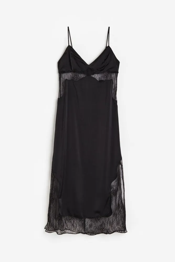 Lace Slip Dress in Silk Satin - Black
