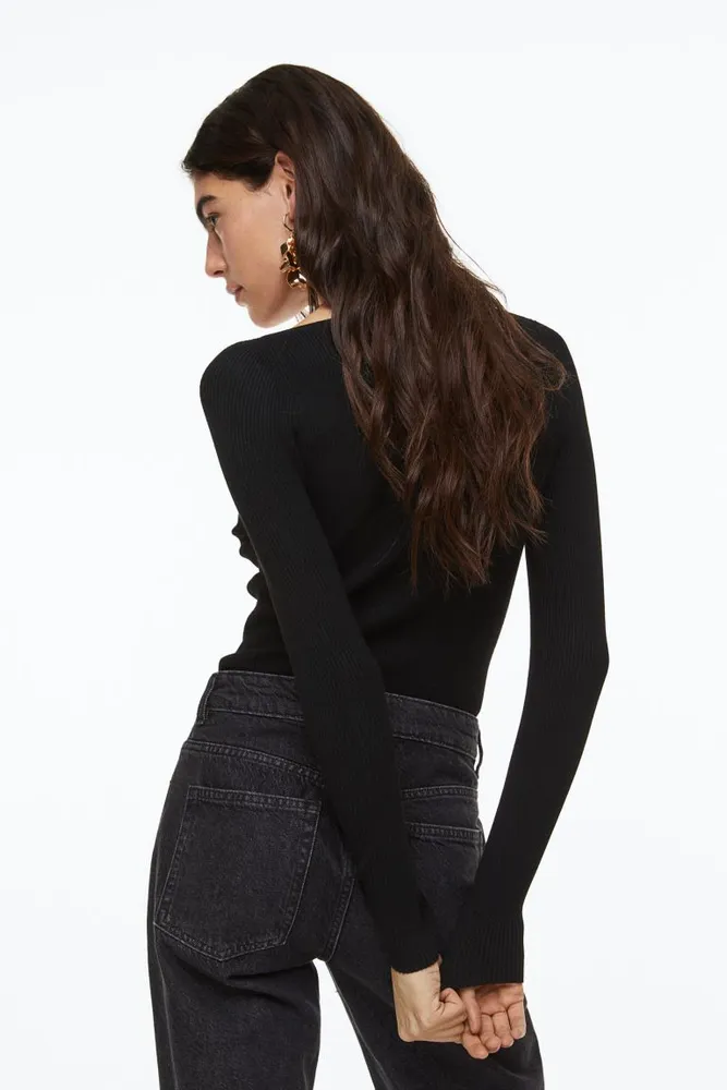 Long Sleeve Wide Ribbed Knitted Top Black