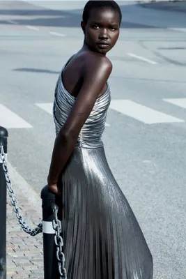 Metallic-coated One-shoulder Dress