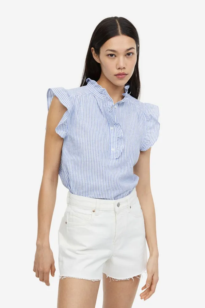 Linen Top With Ruffled Sleeves