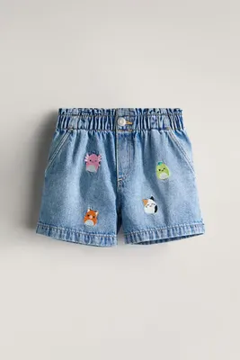 Embroidered-motif Denim Paper Bag Shorts