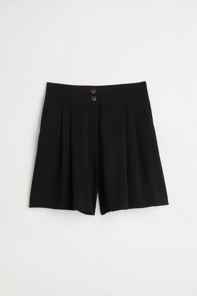 Black Twill Drawstring Waist Oversized Long Shorts