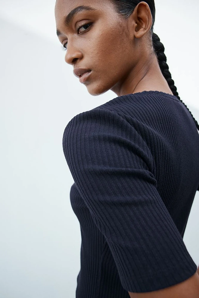 Ribbed Button-front Top