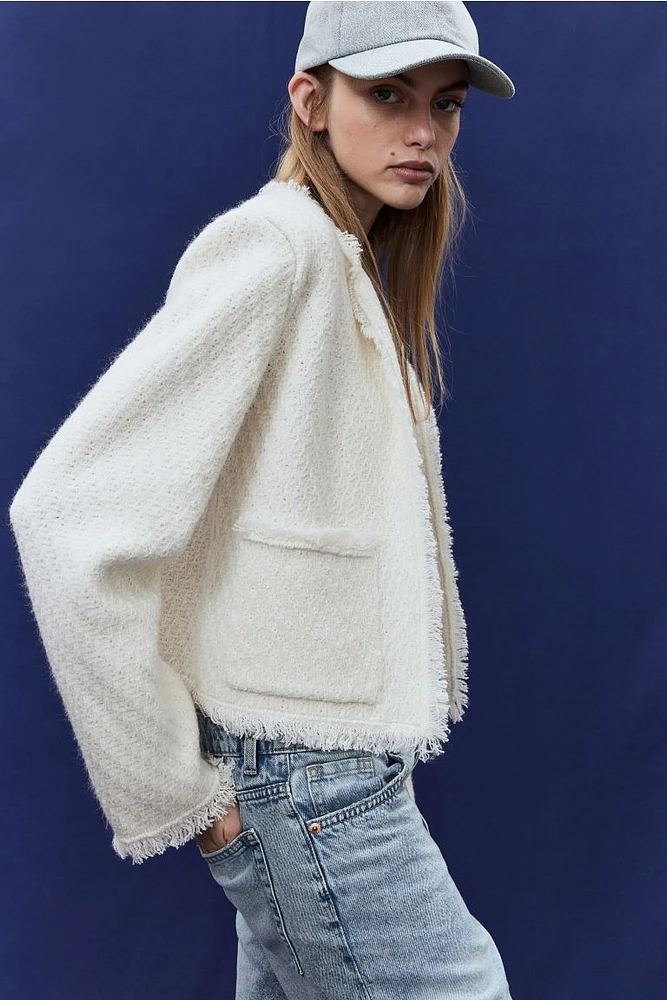 Frayed-edge Textured-knit Cardigan