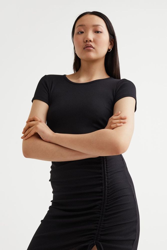 Ribbed Bodycon Dress with Drawstring