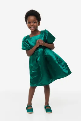 Balloon-sleeved Satin Dress