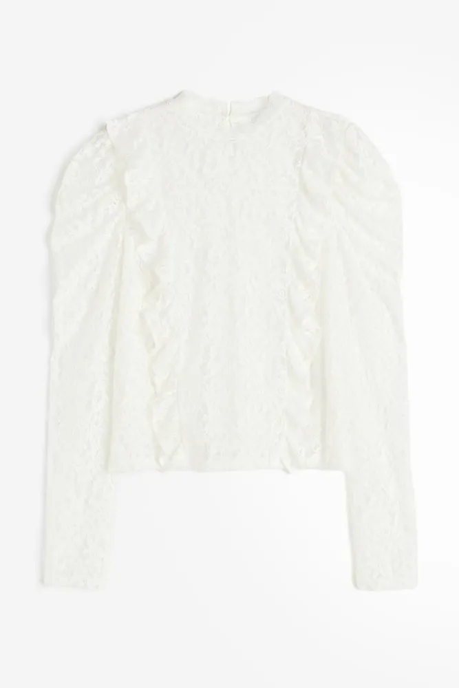 Ruffle-trimmed Puff-sleeved Lace Top
