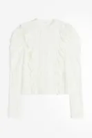Ruffle-trimmed Puff-sleeved Lace Top