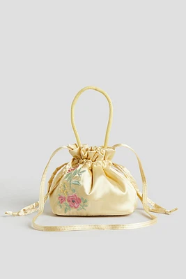 Satin Bucket Bag with Embroidered Motif