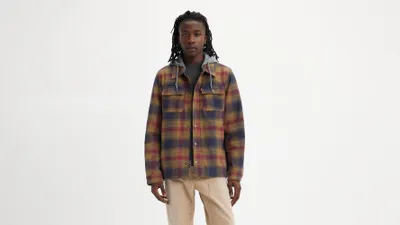 Cotton Plaid Sherpa Lined Fleece Hoodie Jacket