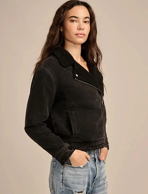 FAUX SHEARLING DENIM MOTO JACKET