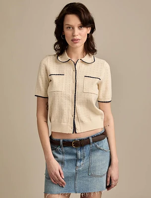 CROCHET TRIM SHORT SLEEVE CARDIGAN