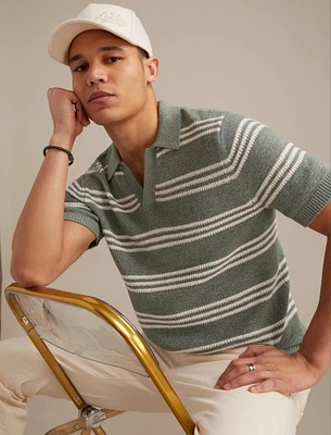 STRIPE JOHNNY COLLAR POLO SWEATER